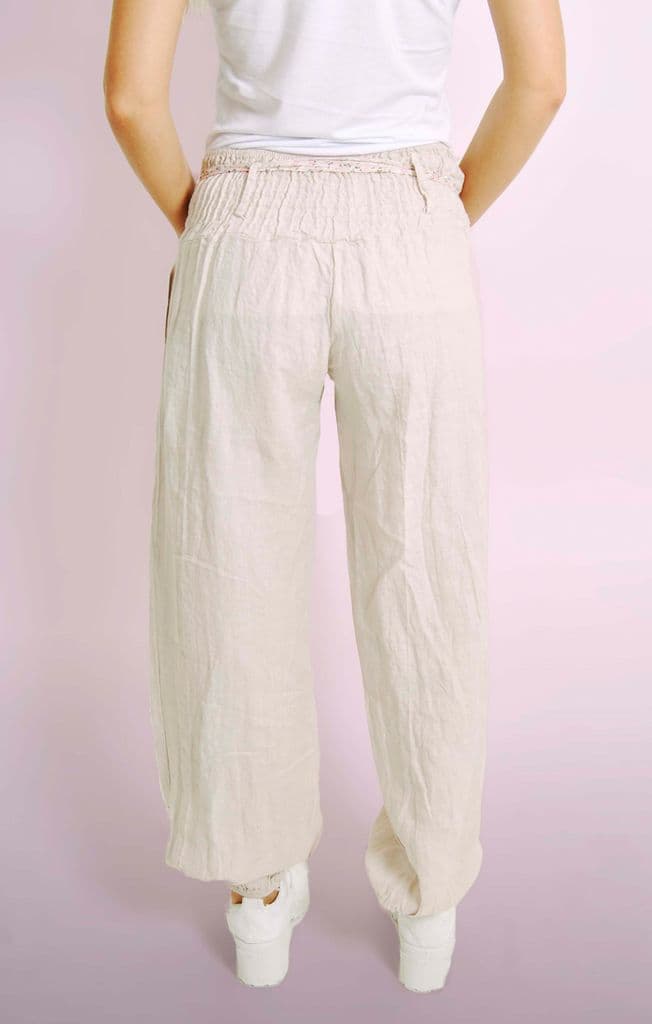 Stone Linen Trousers With Floral Belt